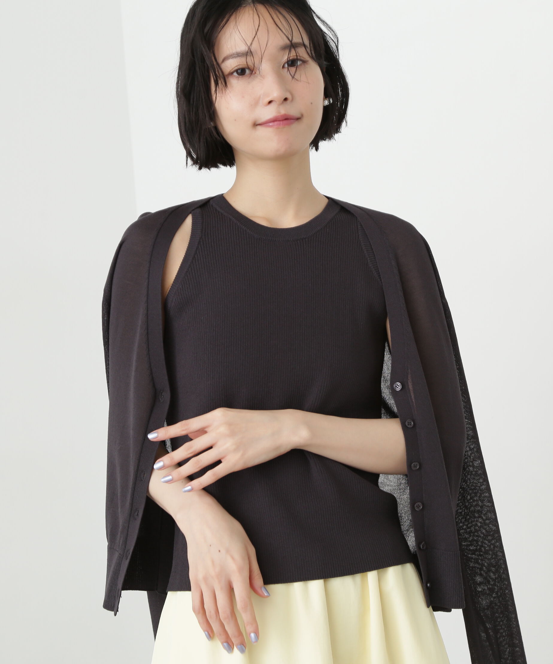  「アメスリタンク&times;シアーカーディガンセット」|ニット・セーター|チャコール1