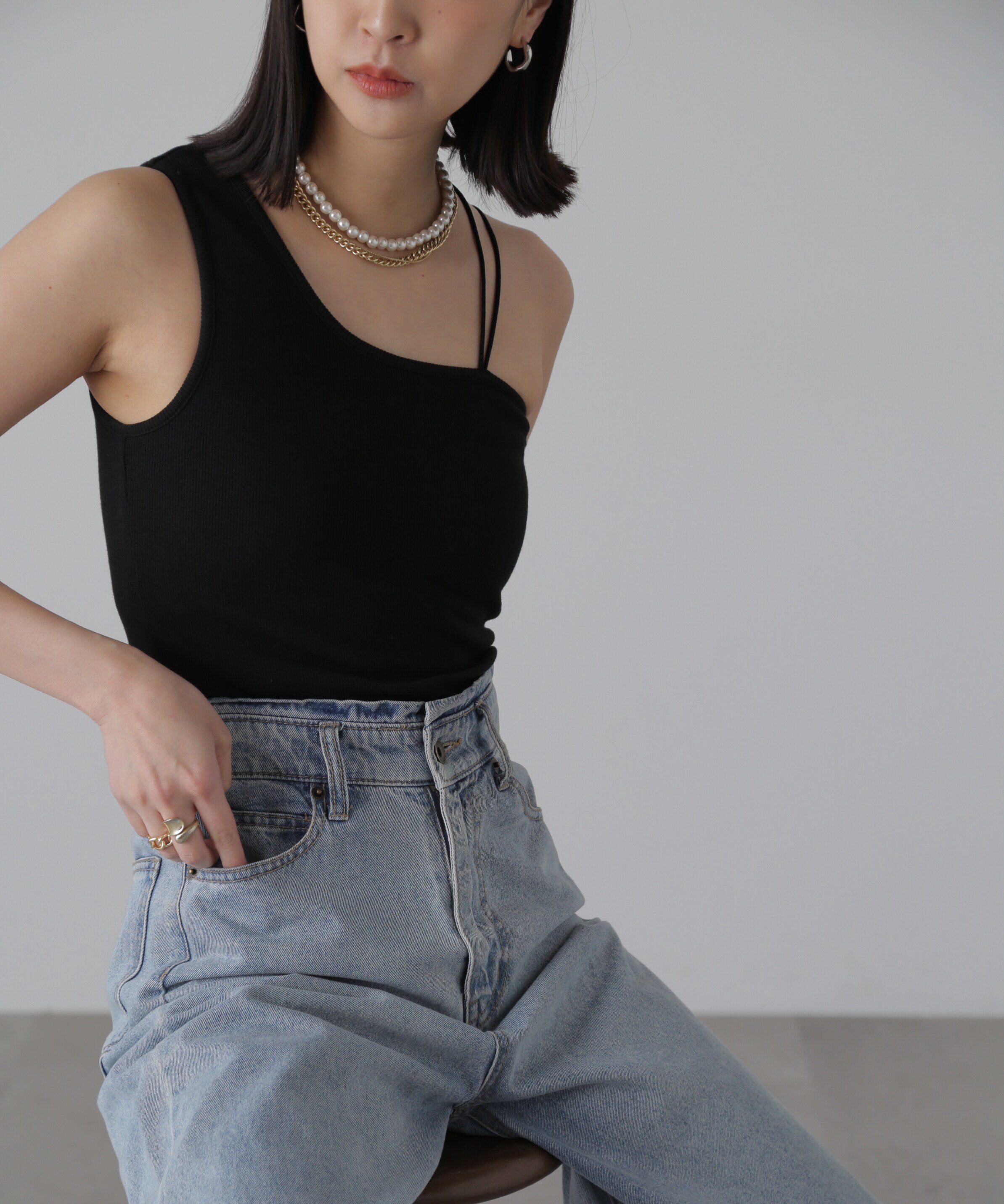  「ワンショルダーカップ付きテレコタンク」|Tシャツ・カットソー|