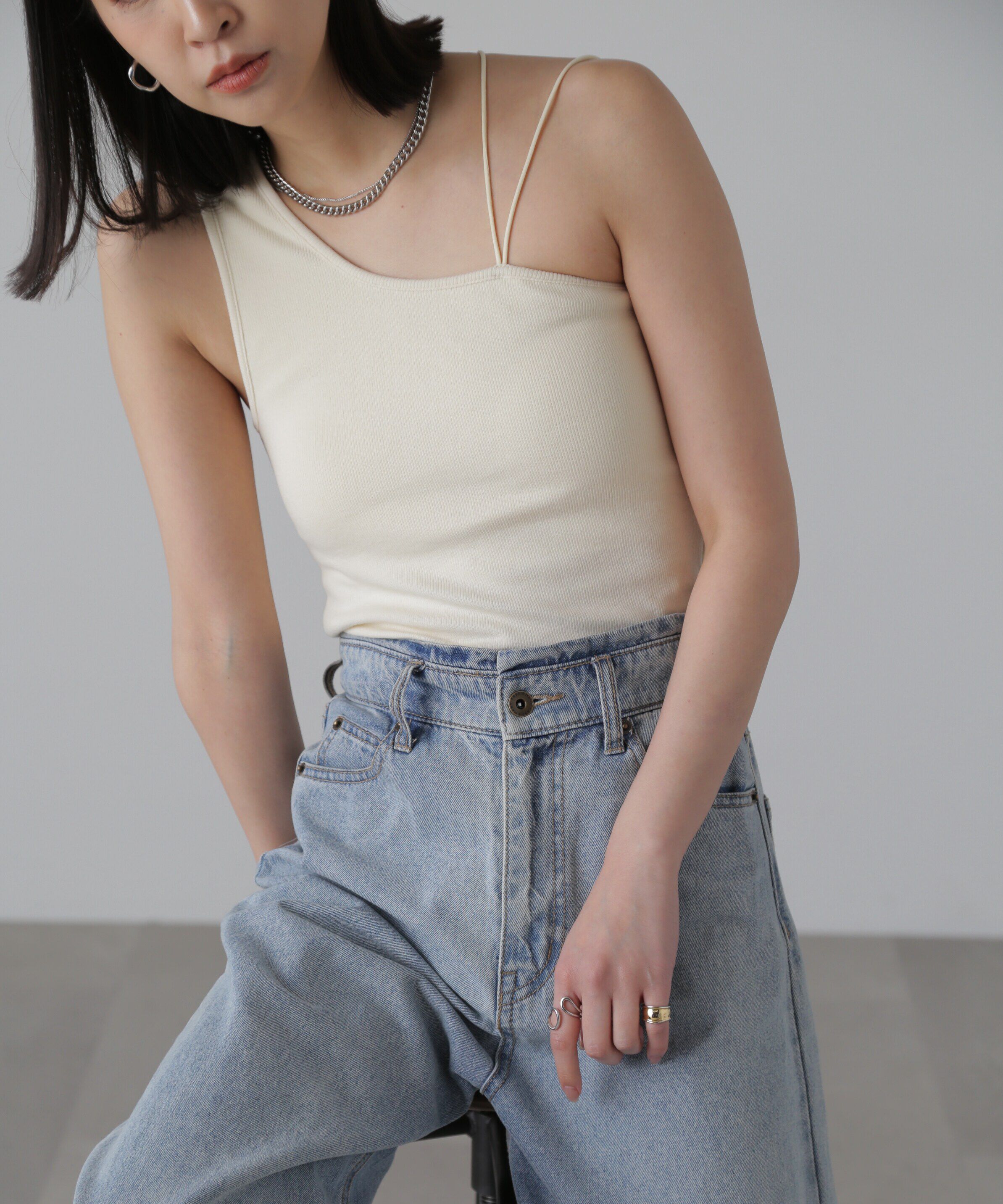  「ワンショルダーカップ付きテレコタンク」|Tシャツ・カットソー|