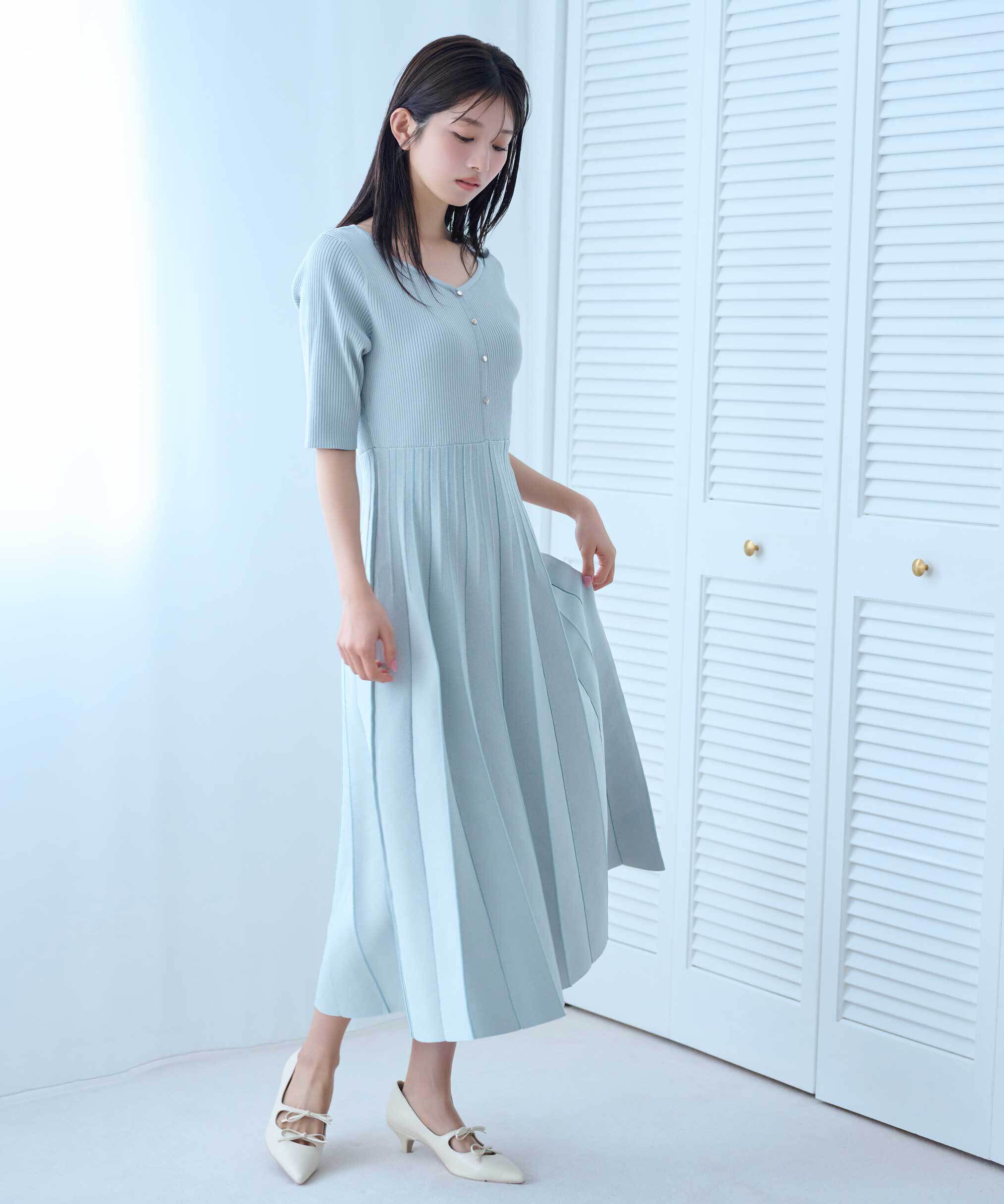  「プリーツニットワンピース」|ワンピース|ライトグリー