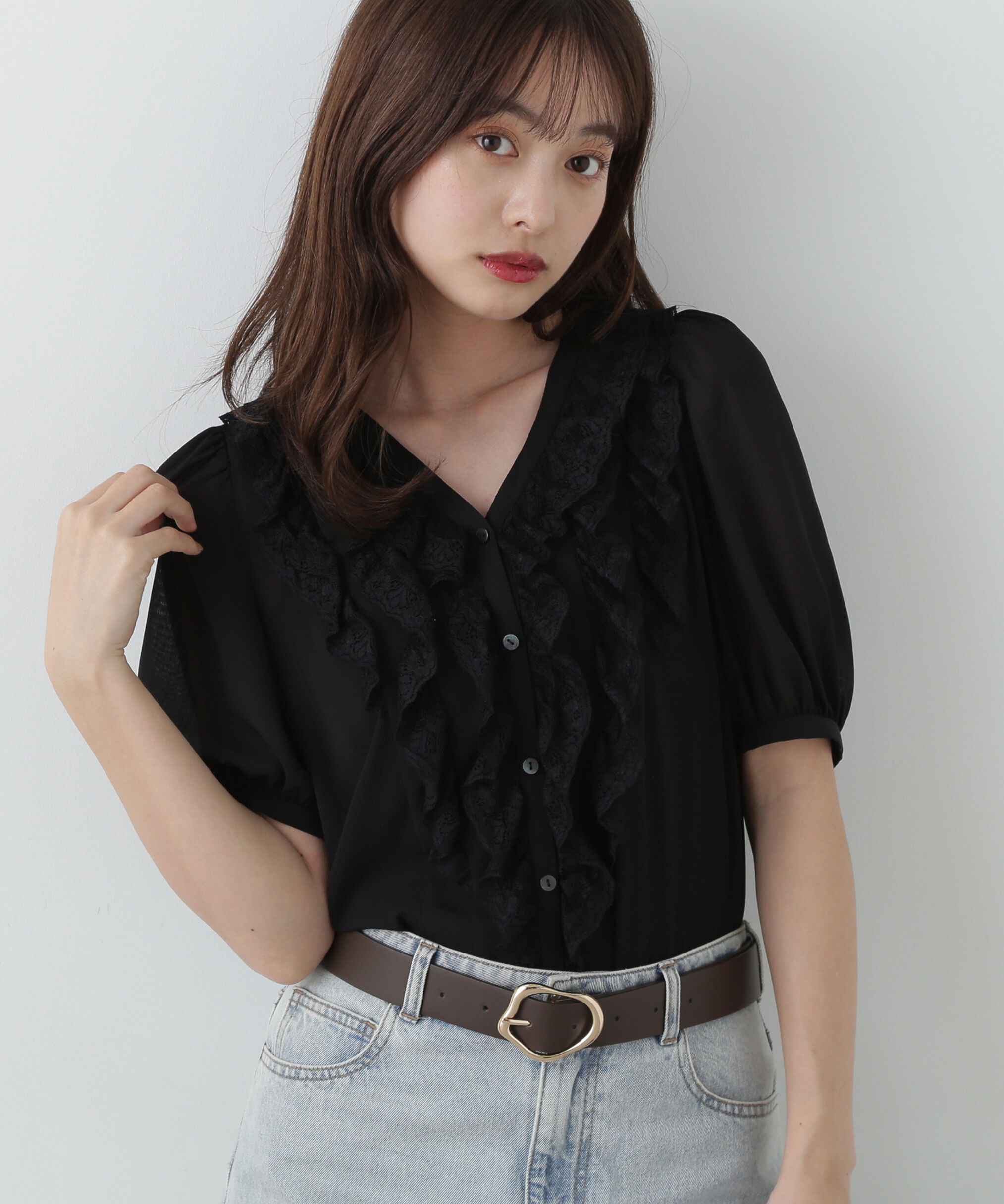 PROPORTION BODY DRESSING「フリル楊柳ブラウス」|シャツ・ブラウス|ブラック&times;ブラ