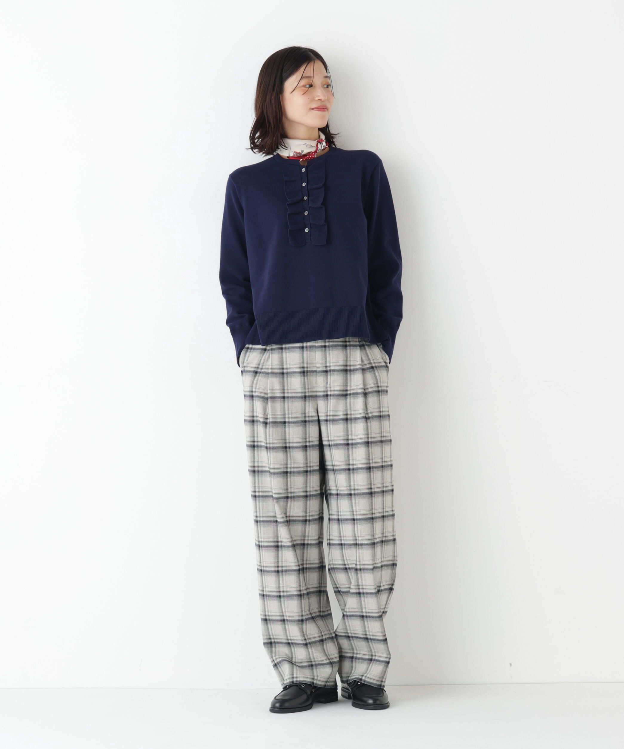  「◆オーガニックコットン混プレーティング前立フリルプルオーバー」|ニット・セーター|