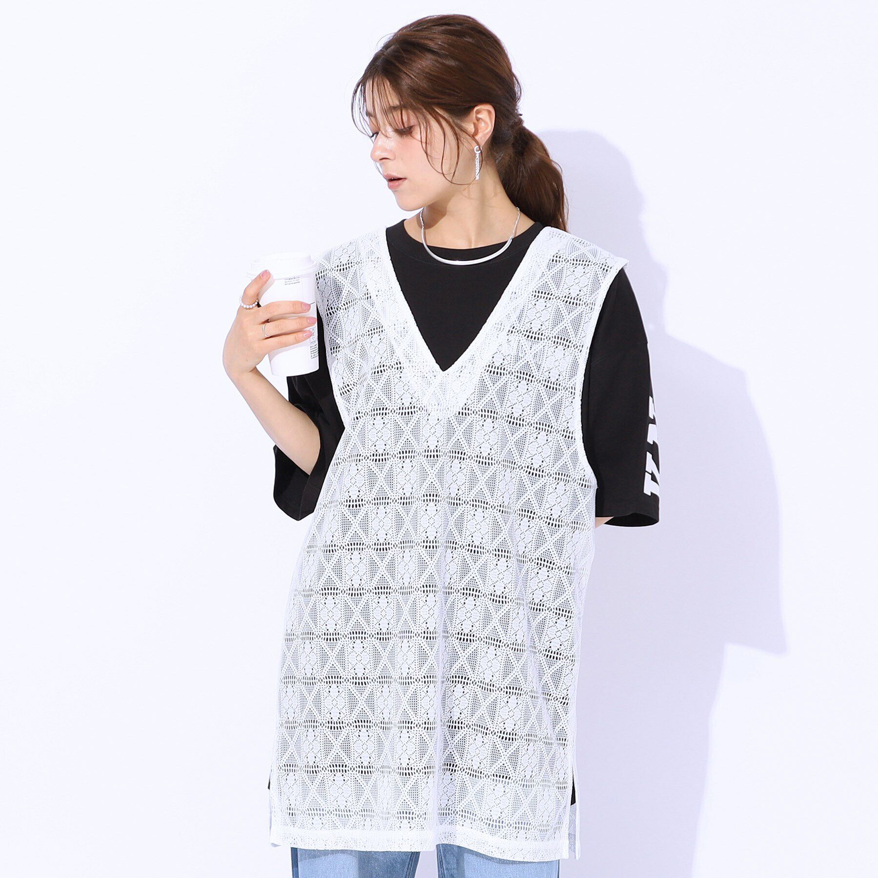 SHOO･LA･RUE「【前後2WAY】コーデのアクセントに ミドル丈レースジレ」|ベスト・ジレ|ホワイト(002)