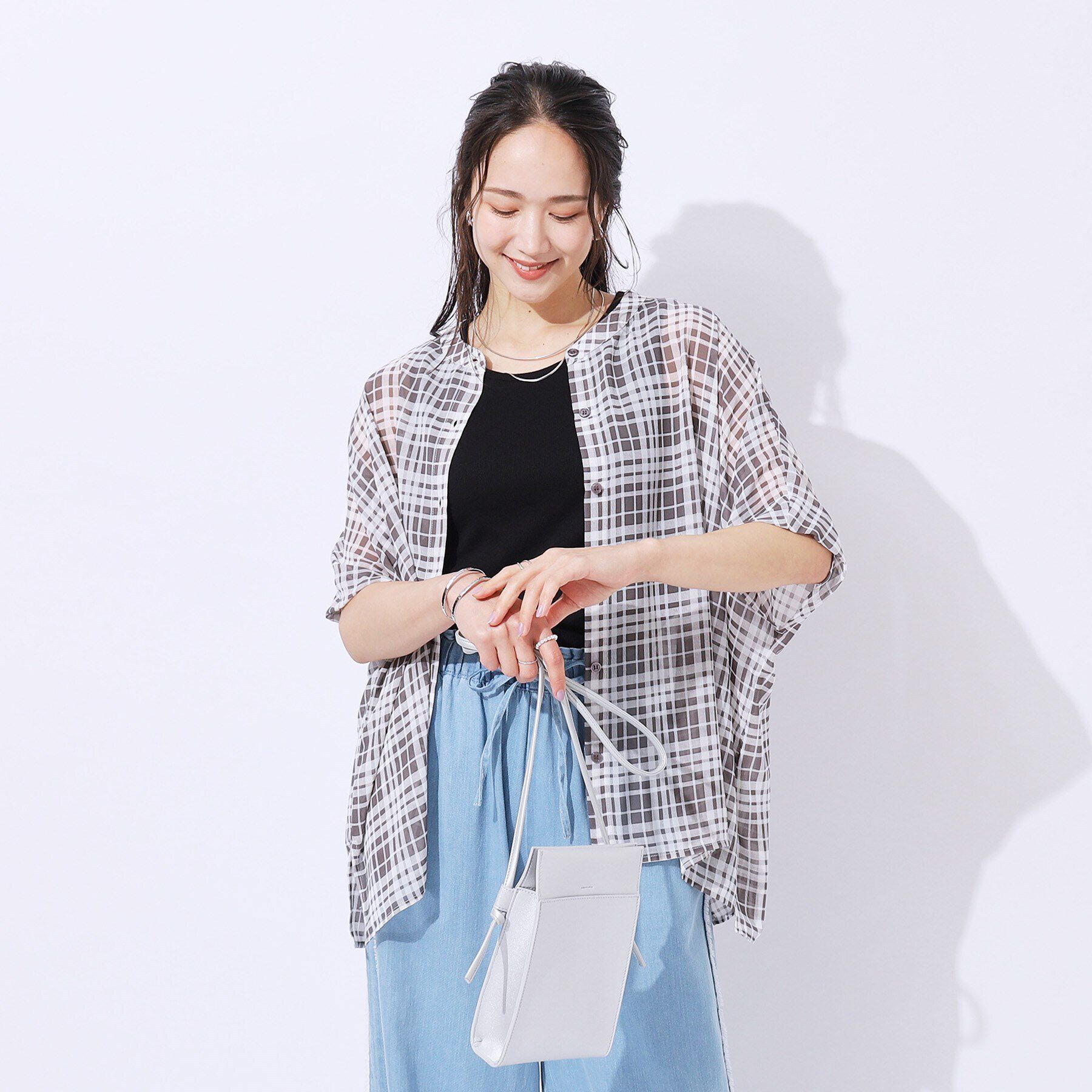 SHOO･LA･RUE「【洗える】大人っぽいシアー感 バンドカラーポンチョシャツ」|シャツ・ブラウス|