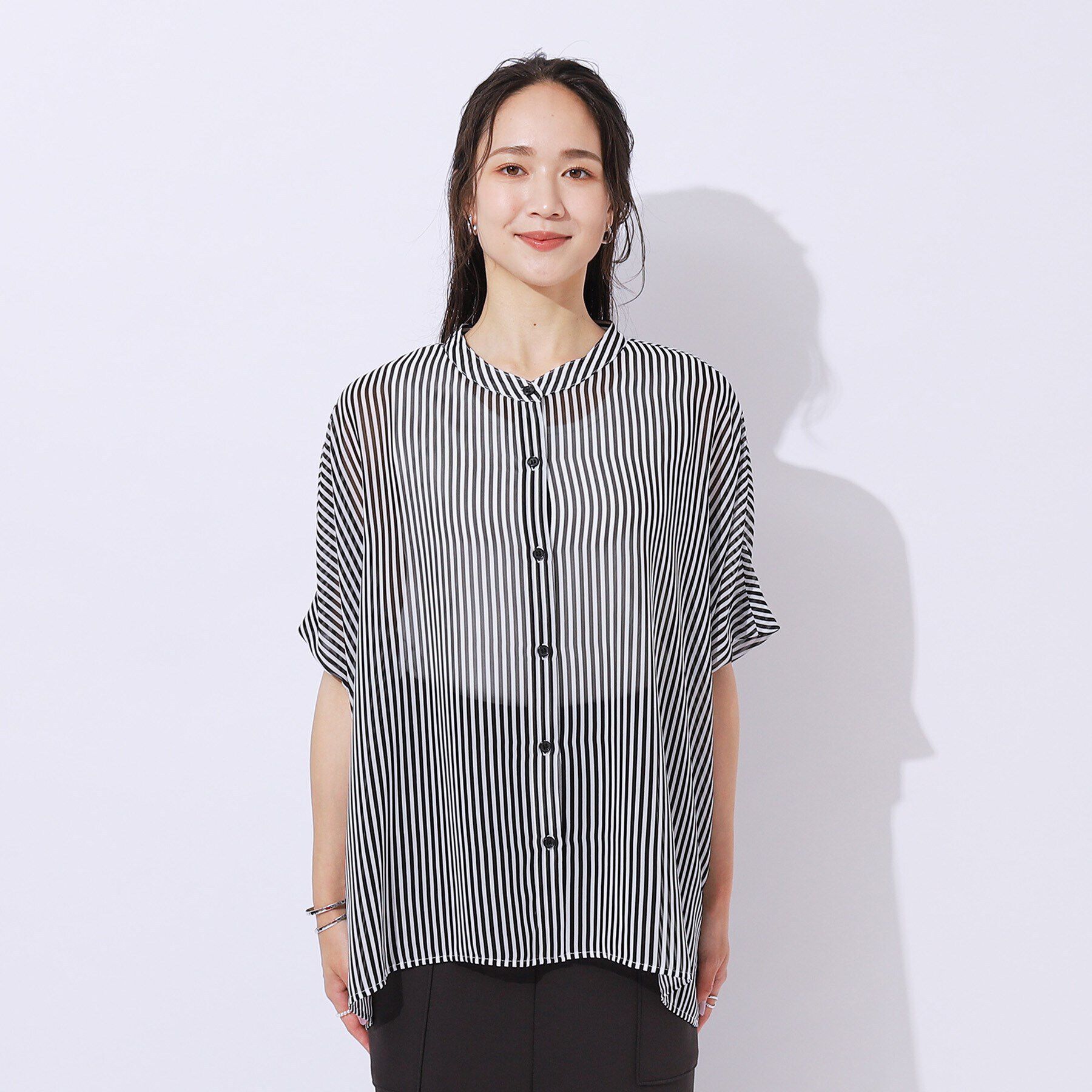 SHOO･LA･RUE「【洗える】大人っぽいシアー感 バンドカラーポンチョシャツ」|シャツ・ブラウス|