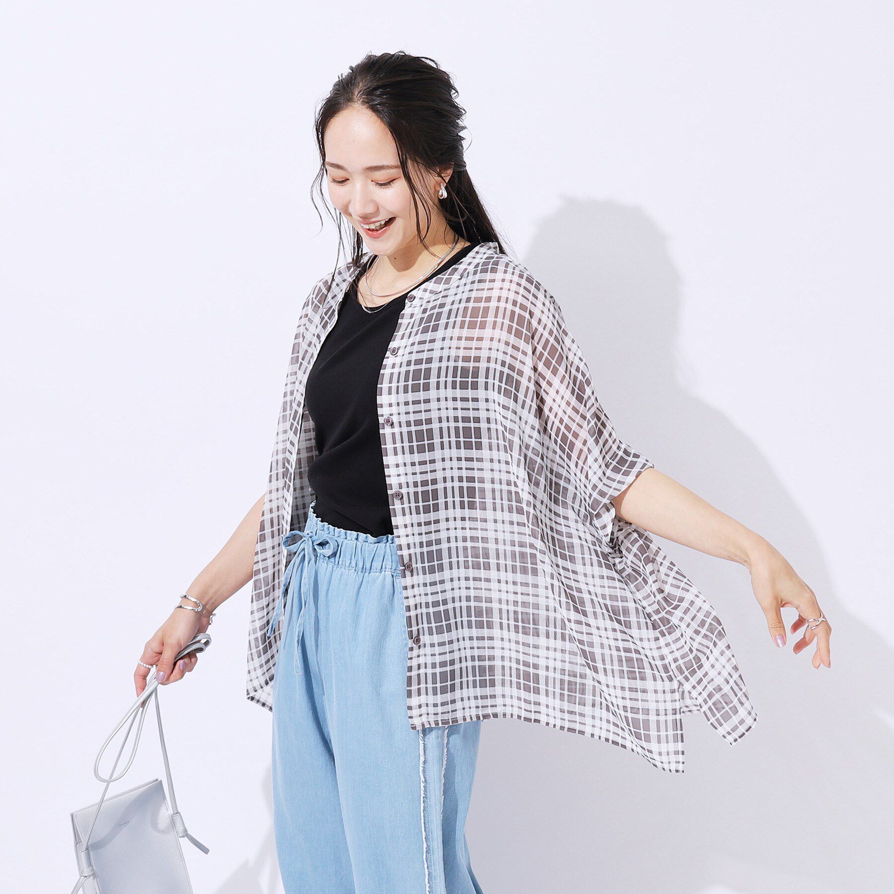 SHOO･LA･RUE「【洗える】大人っぽいシアー感 バンドカラーポンチョシャツ」|シャツ・ブラウス|