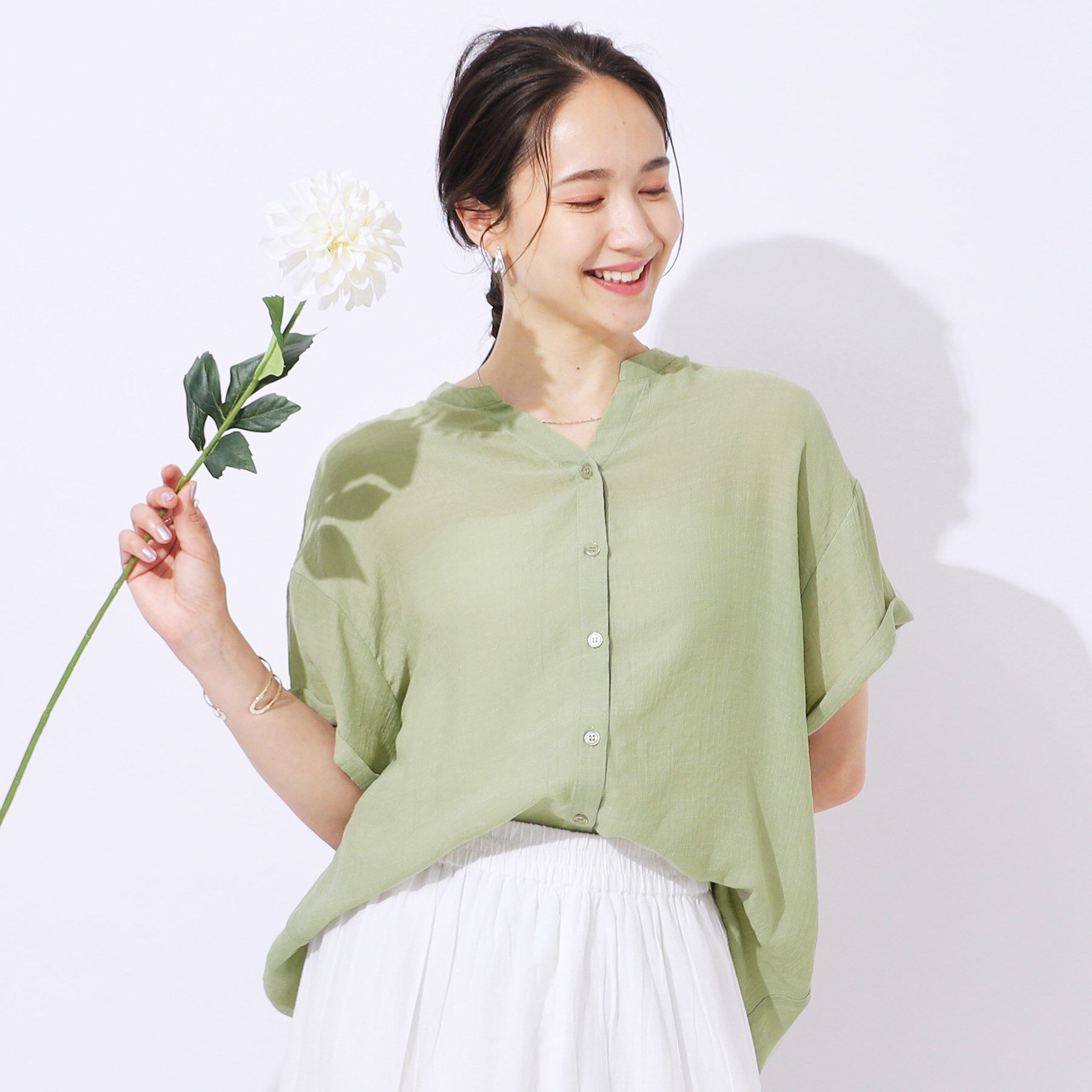 SHOO･LA･RUE「程よいルーズ感が大人見え シアースラブ前開きシャツ」|シャツ・ブラウス|ミントグリーン(02