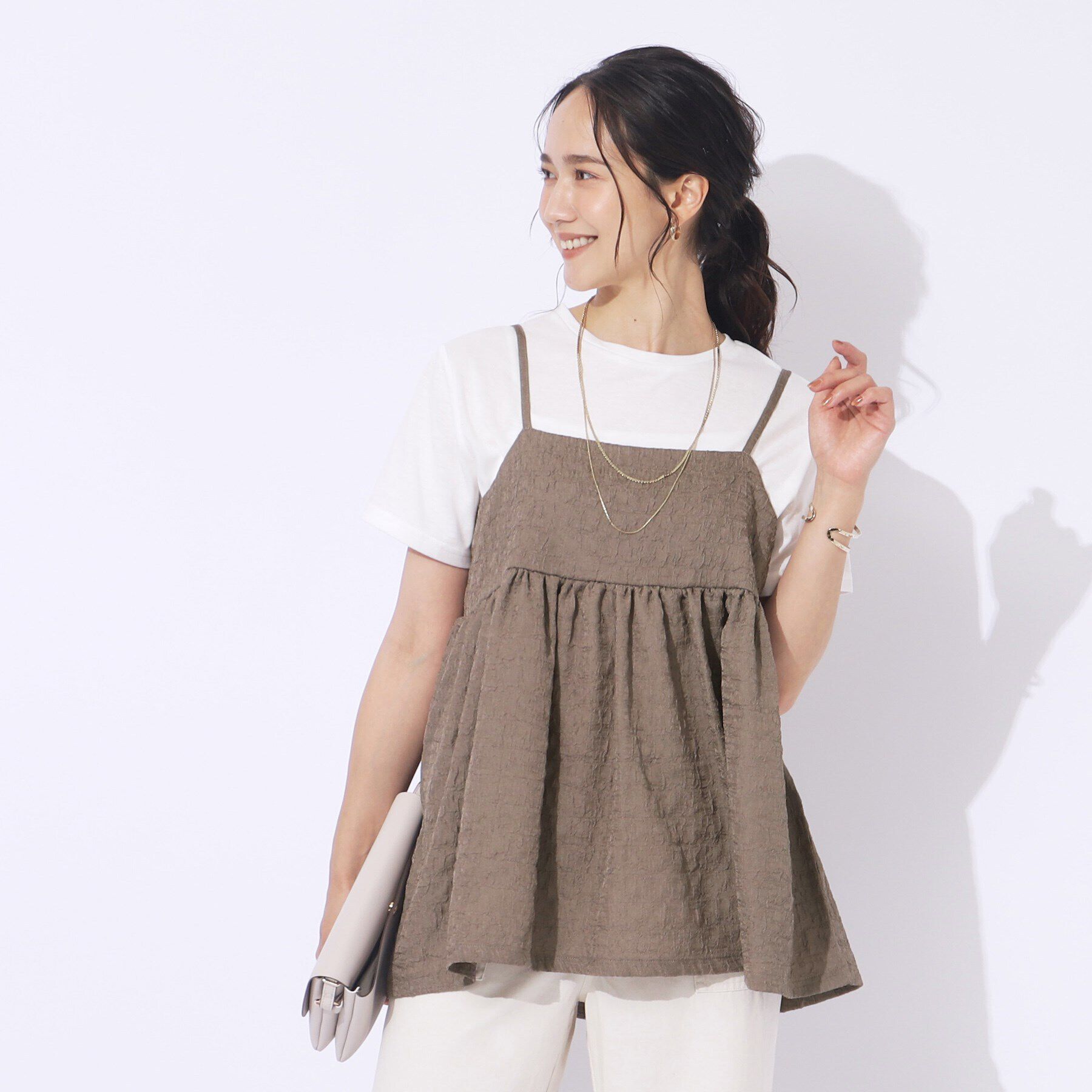 SHOO･LA･RUE「【2点セット】着回しを楽しめる ふくれジャカードキャミ＋Tシャツ」|その他|