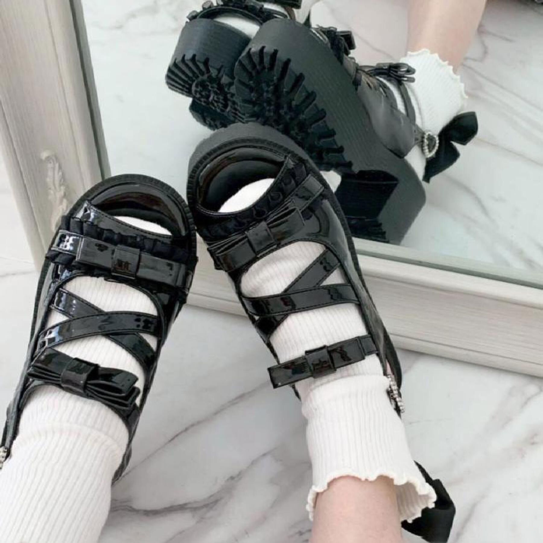 csT&P「厚底レース付きリボンベルトサンダル」|サンダル|ブラック(219)