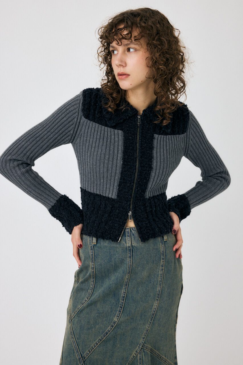 MOUSSY「MIX PATTERN ZIP UP POLO カーディガン」|ニット・セーター|BLK