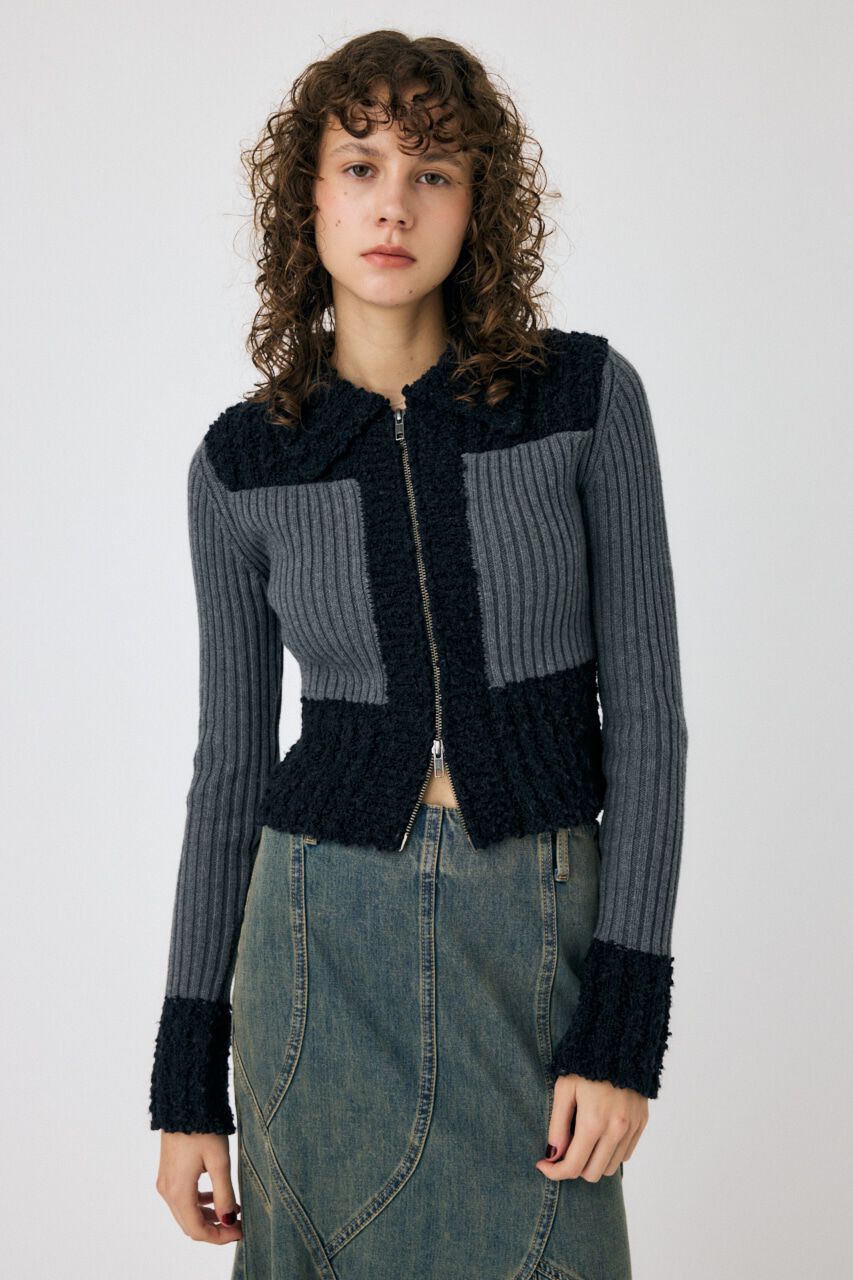 MOUSSY「MIX PATTERN ZIP UP POLO カーディガン」|ニット・セーター|