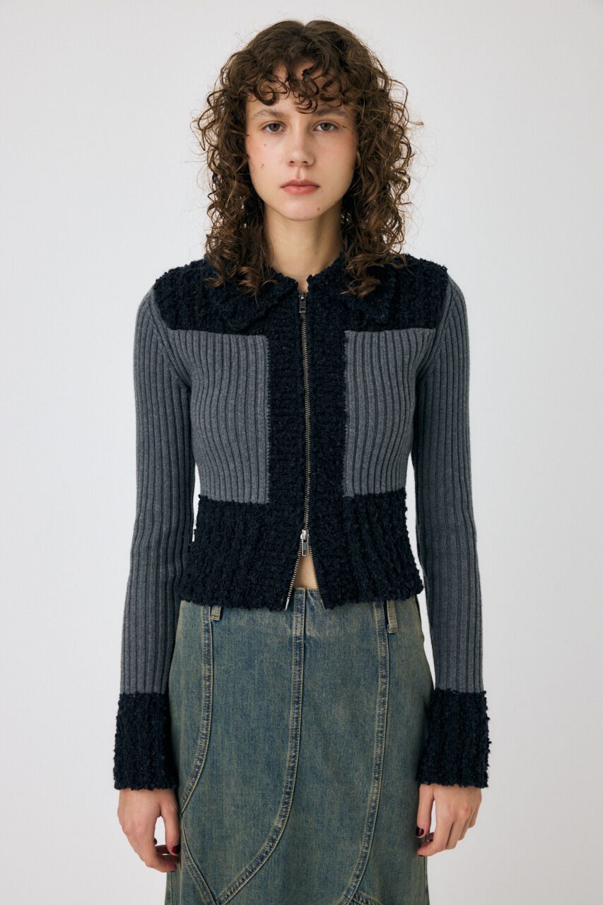 MOUSSY「MIX PATTERN ZIP UP POLO カーディガン」|ニット・セーター|