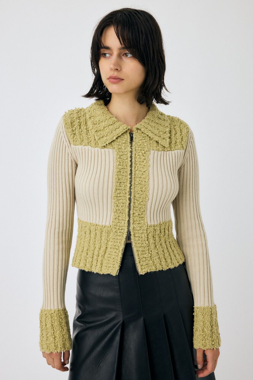 MOUSSY「MIX PATTERN ZIP UP POLO カーディガン」|ニット・セーター|L/BEG1