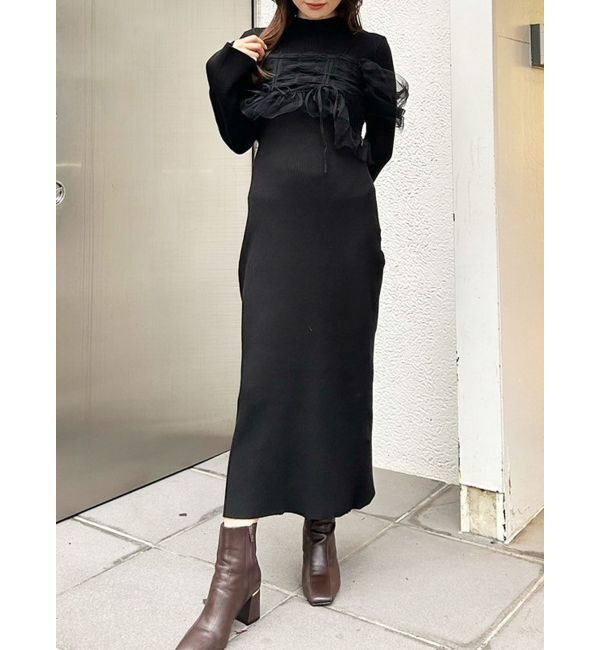 MERCURYDUO「シャーリングビスチェニットワンピース」|ワンピース|ブラック