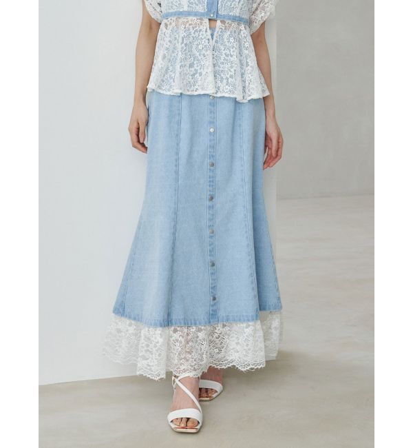 MERCURYDUO「レース切替デニムスカート」|スカート|アイスブルー