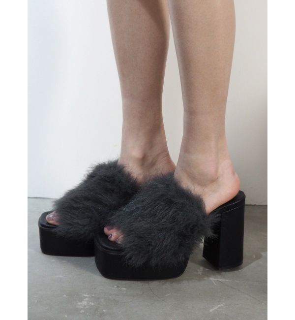 EVRIS「フェイクファーサボ」|サンダル|ブラック