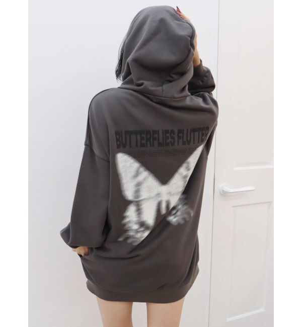 EVRIS「バタフライグラフィックオーバーサイズフーディー」|パーカー|チャコールグレー