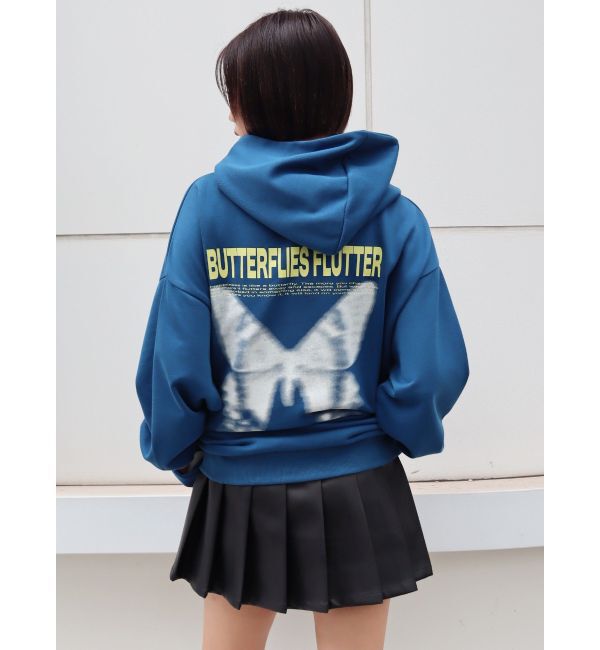 EVRIS「バタフライグラフィックオーバーサイズフーディー」|パーカー|ブルー