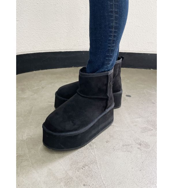 GYDA「プラットフォームフェイクムートンブーツ」|ショートブーツ|ブラック