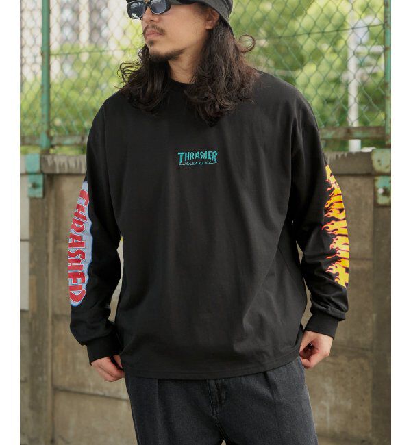 VENCE share style「THRASHER スラッシャー 袖プリントロンT」|Tシャツ・カットソー|ブラック