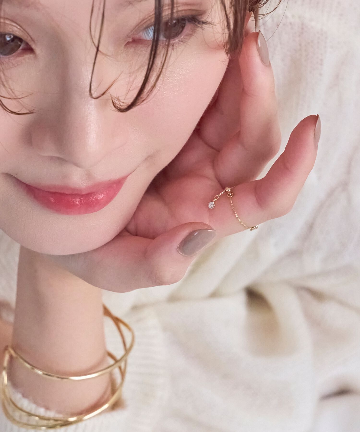 Phoebe「≪サイズ調整可能≫【金属アレルギー対応】プチベゼルストーンチェーンリング　ゴールド」|リング|