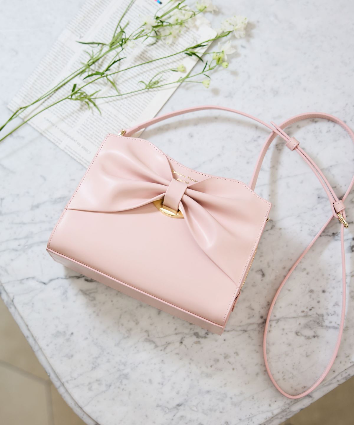 Samantha Thavasa「ドレープリボンレザーショルダーバッグ」|ショルダー・メッセンジャー|ﾋﾟﾝｸﾍﾞｰｼﾞｭ