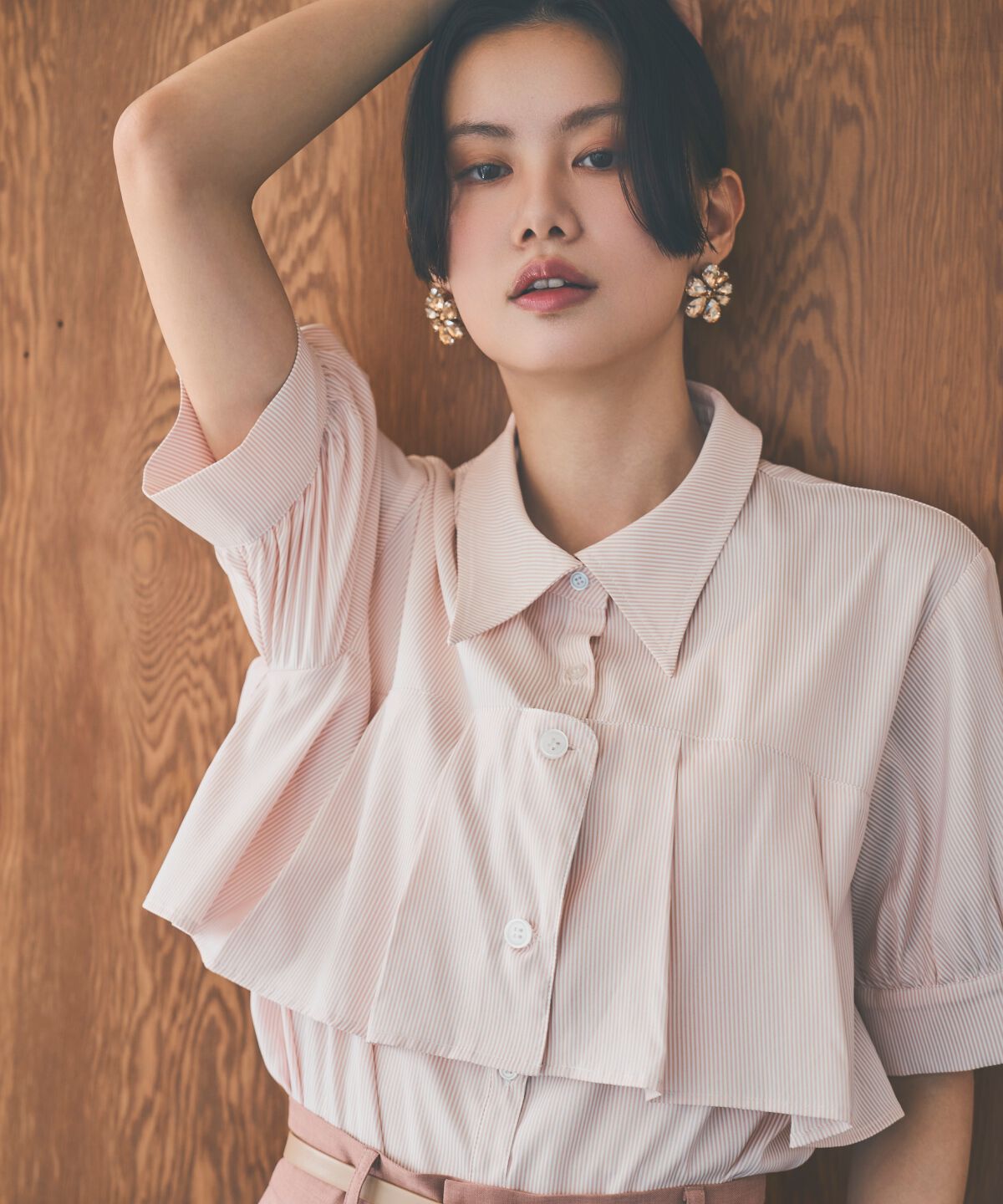 アンドクチュール「ストライプヨークハーフスリーブシャツ」|シャツ・ブラウス|beige/borderｽﾄﾗｲﾌﾟ