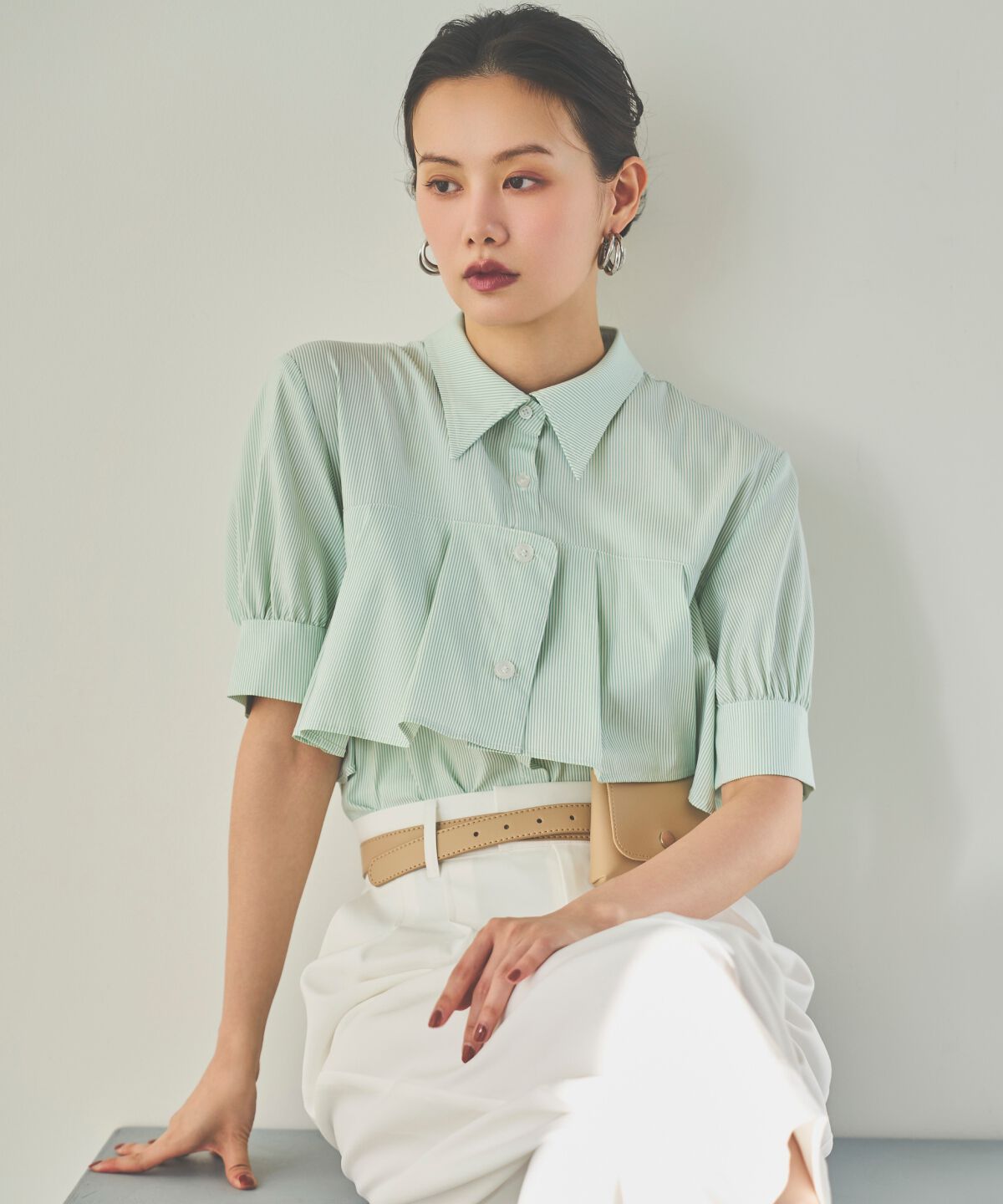 アンドクチュール「ストライプヨークハーフスリーブシャツ」|シャツ・ブラウス|green/borderｽﾄﾗｲﾌﾟ