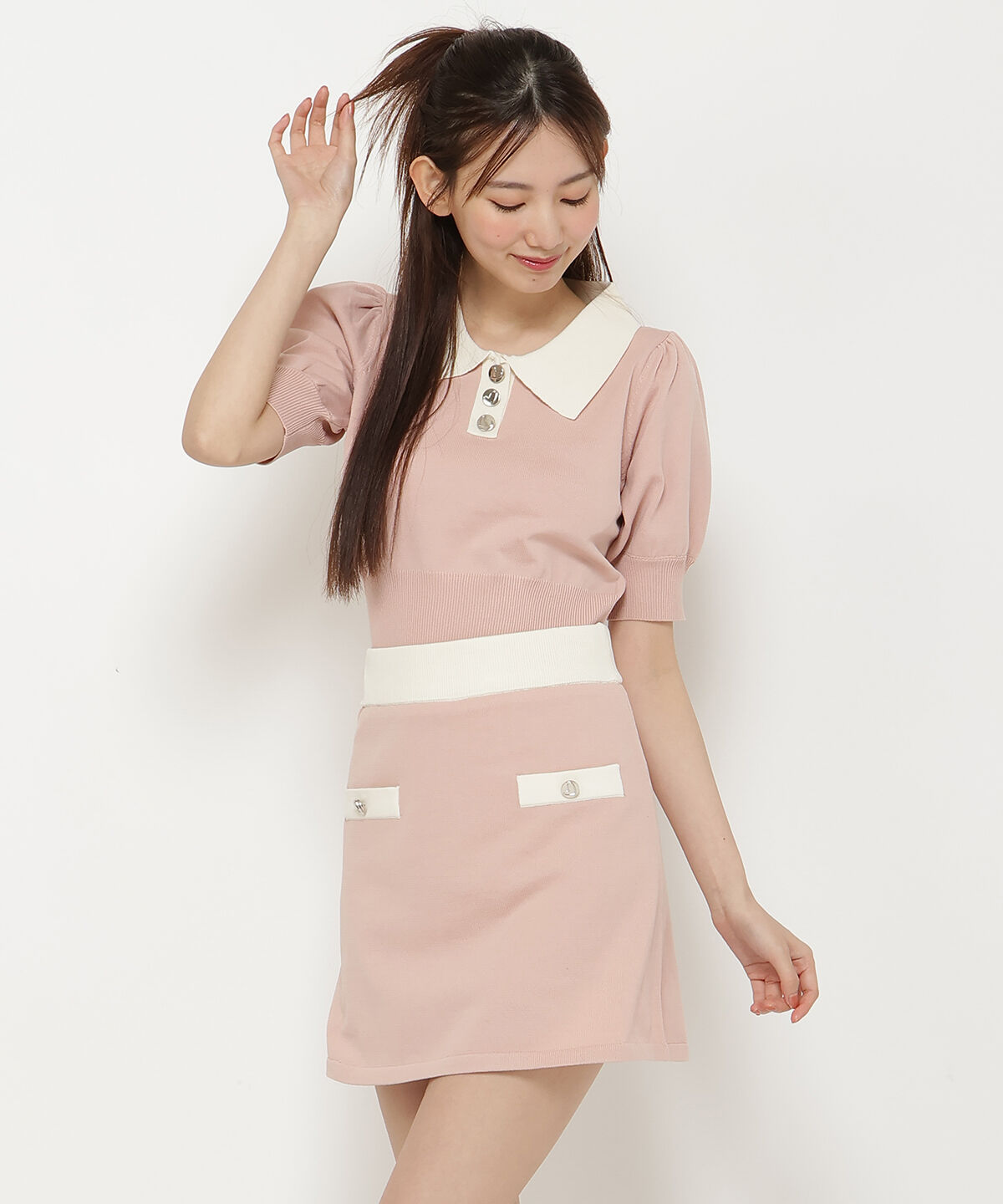 REDYAZEL「バイカラーニットミニスカート」|台形|ピンク