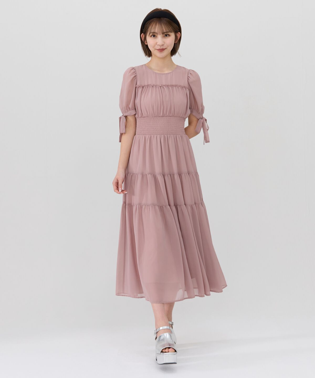 REDYAZEL「リボンスリーブティアードワンピース」|ワンピース|ベージュ