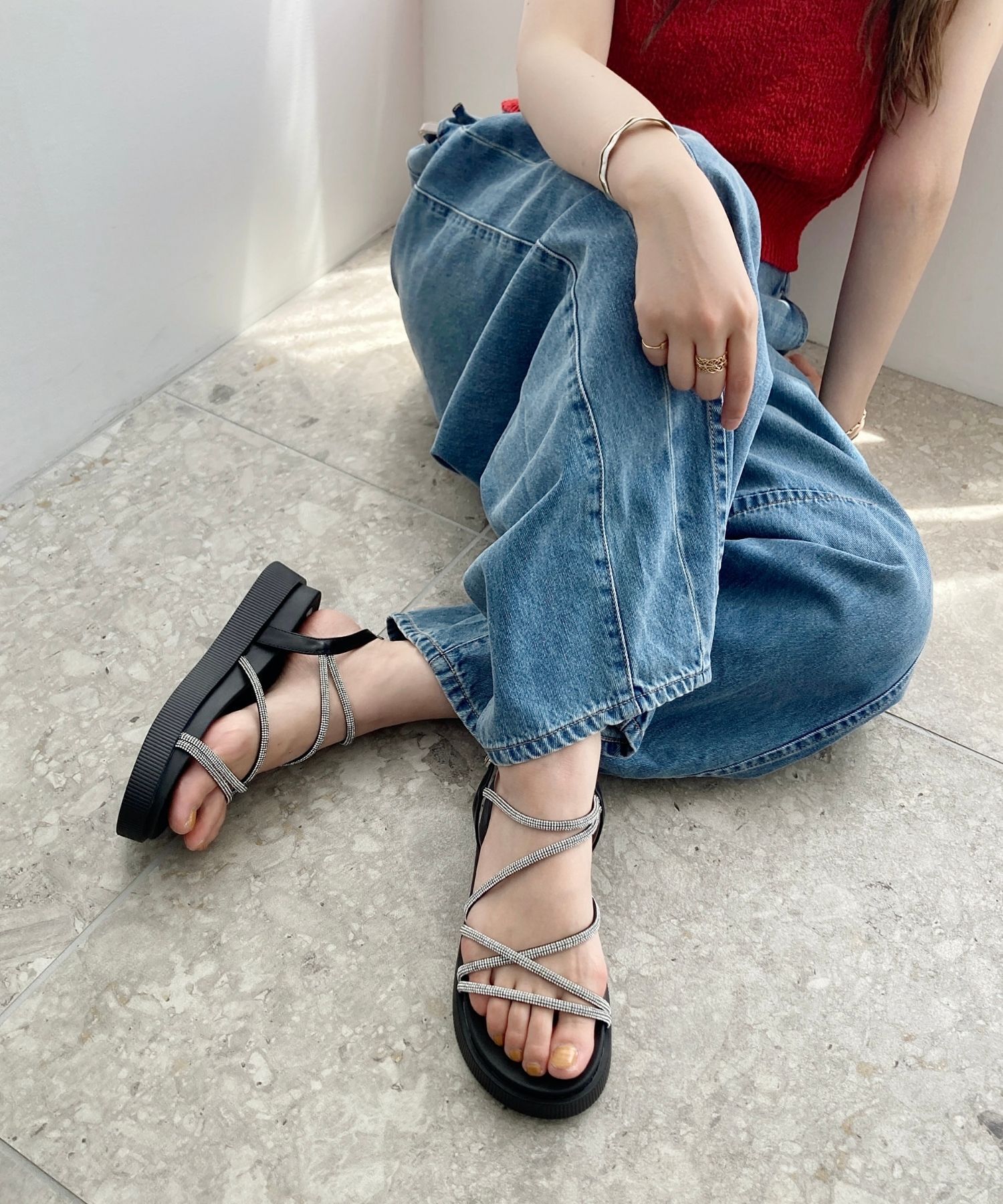 ORiental TRaffic「【追加】ラインストーンストラップサンダル/41217 サンダル 人気 トレンド 売れてる ラインストーン」|サンダル|BLACK