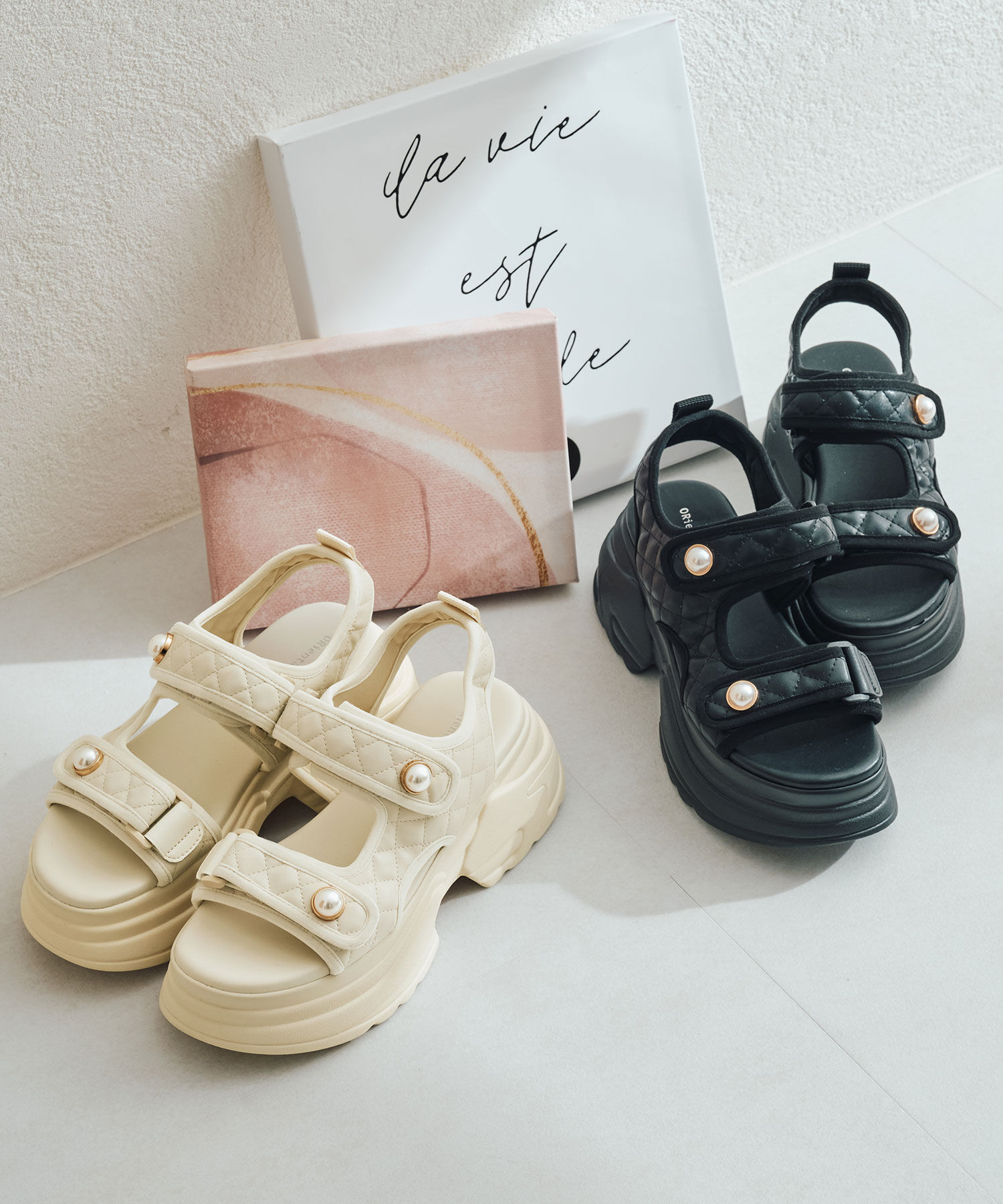 ORiental TRaffic「●2025春夏新作●キルティングパールボタン厚底サンダル/51213 サンダル 厚底 人気」|サンダル|BLACK