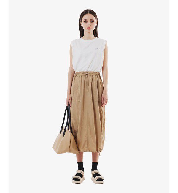 LACOSTE「異素材切り替え バルーンシルエット コンビネーションノースリーブドレス ワンピース」|ワンピース|ベージュ