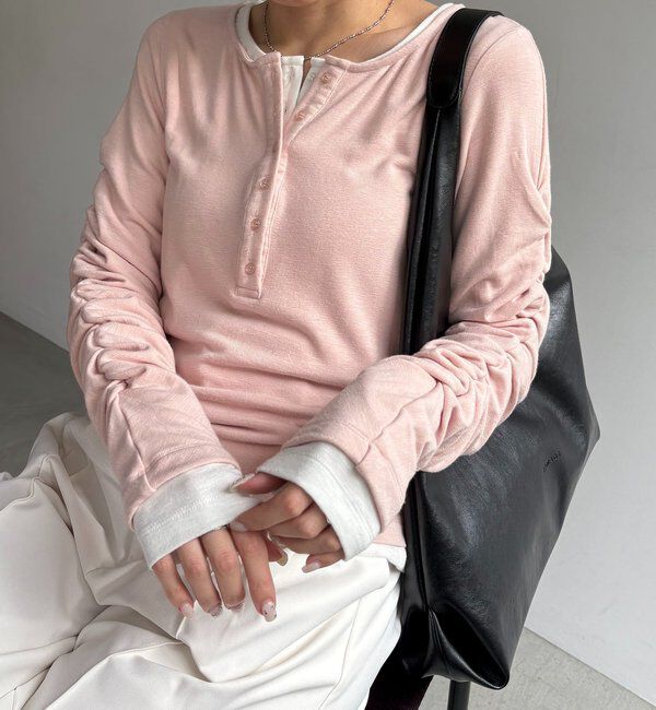  「インナーSET袖ギャザーヘンリーTシャツ」|Tシャツ・カットソー|ピンク