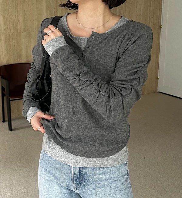  「インナーSET袖ギャザーヘンリーTシャツ」|Tシャツ・カットソー|グレー