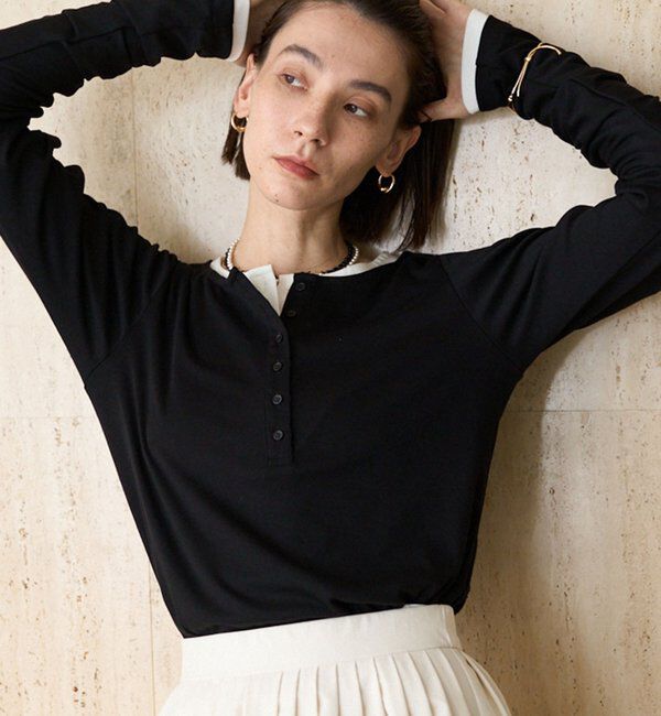  「インナーSET袖ギャザーヘンリーTシャツ」|Tシャツ・カットソー|ブラック