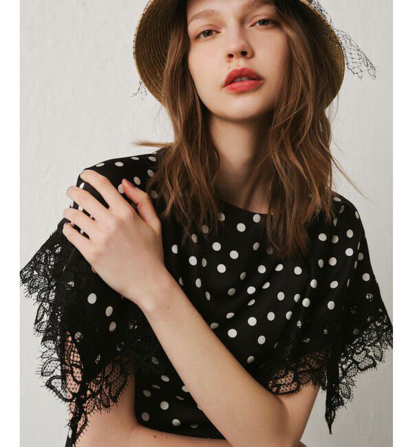 LOULOU WILLOUGHBY「【LOULOU WILLOUGHBY】サテンドットレースブラウス」|シャツ・ブラウス|ブラック