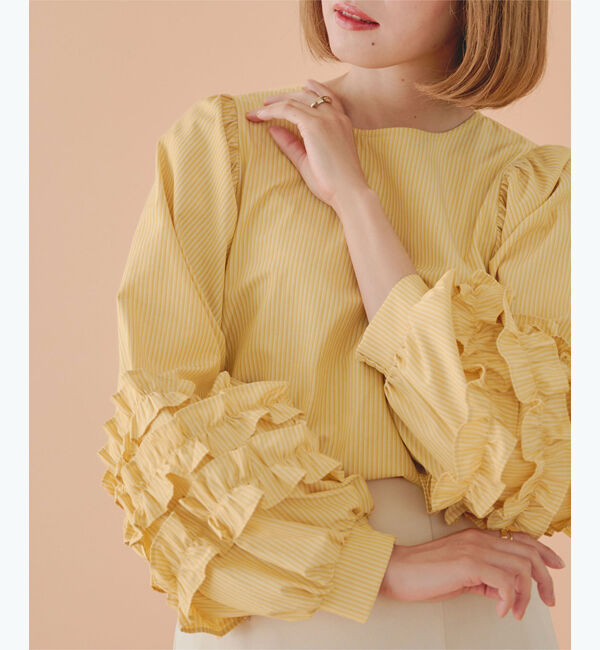 titivate「袖ﾌﾘﾙﾃﾞｻﾞｲﾝｷﾞｬｻﾞｰﾌﾞﾗｳｽ」|シャツ・ブラウス|ストライプ/イエロー