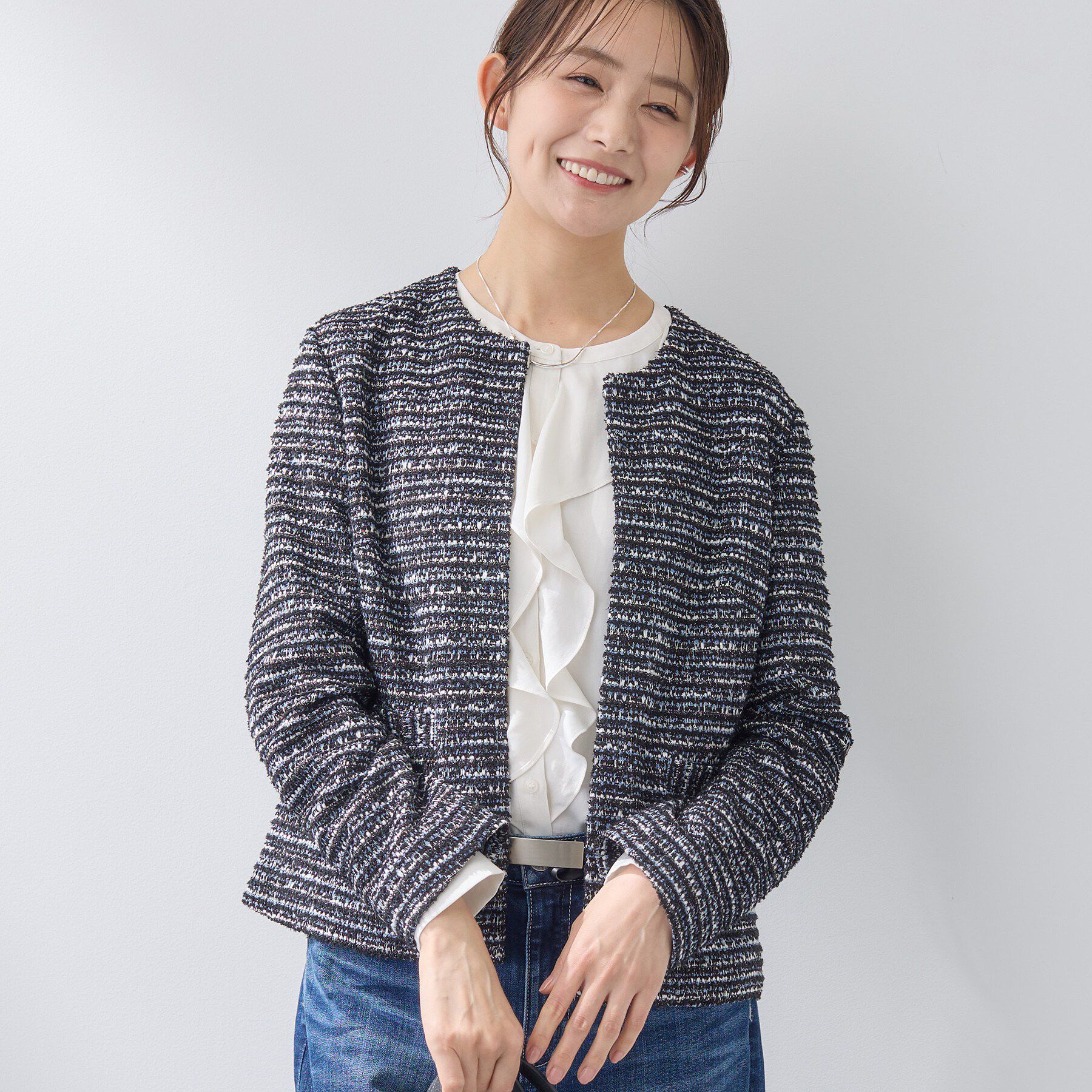 INDIVI「【セレモニー／洗える】ミックスツイードライトジャケット」|ノーカラージャケット|