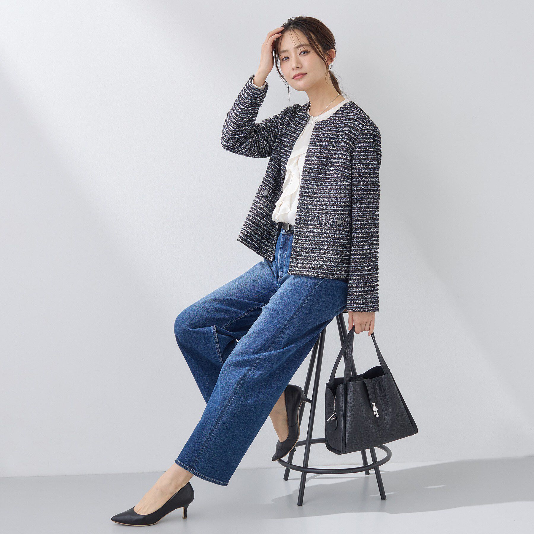 INDIVI「【セレモニー／洗える】ミックスツイードライトジャケット」|ノーカラージャケット|