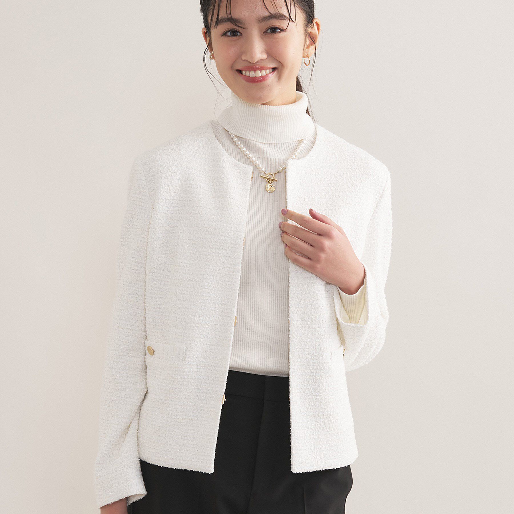 INDIVI「【セレモニー／洗える】ミックスツイードライトジャケット」|ノーカラージャケット|