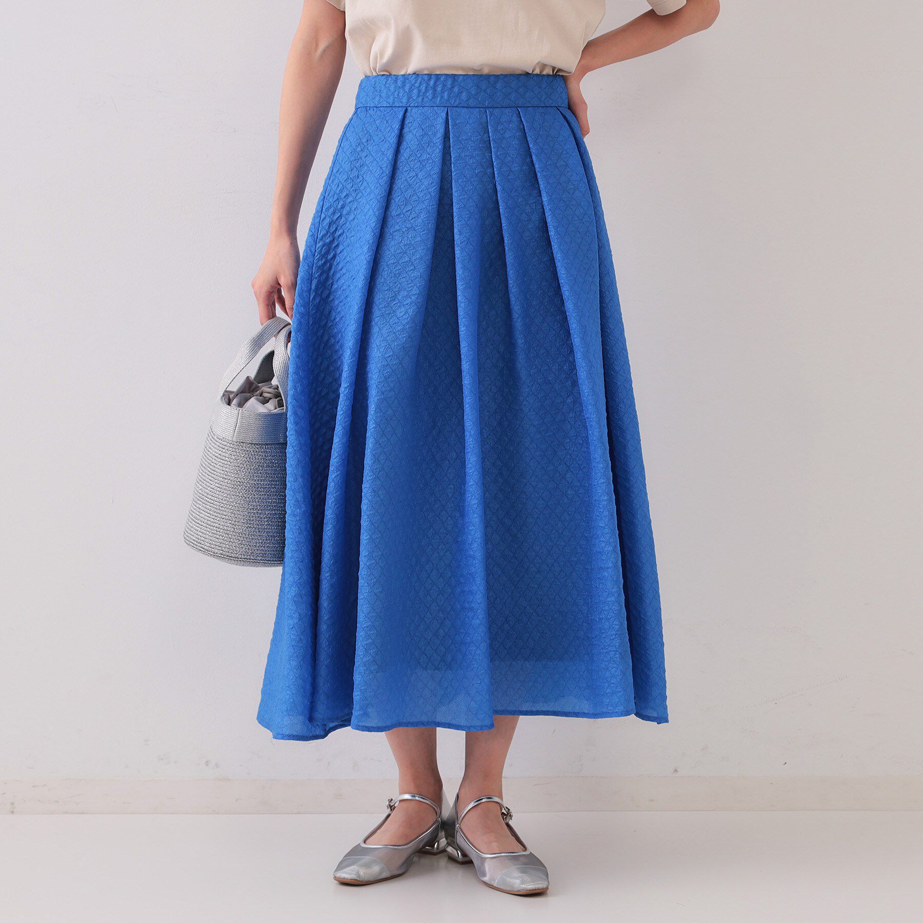 OPAQUE.CLIP「シアージャカードタックフレアスカート【洗濯機洗い可】」|スカート|ブルー(093)