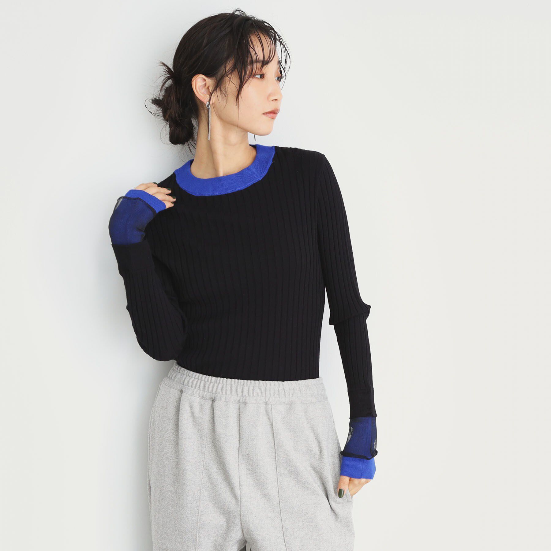 THE SHOP TK「袖シアー配色リブ【洗えるニット】」|ニット・セーター|ブラック(519)