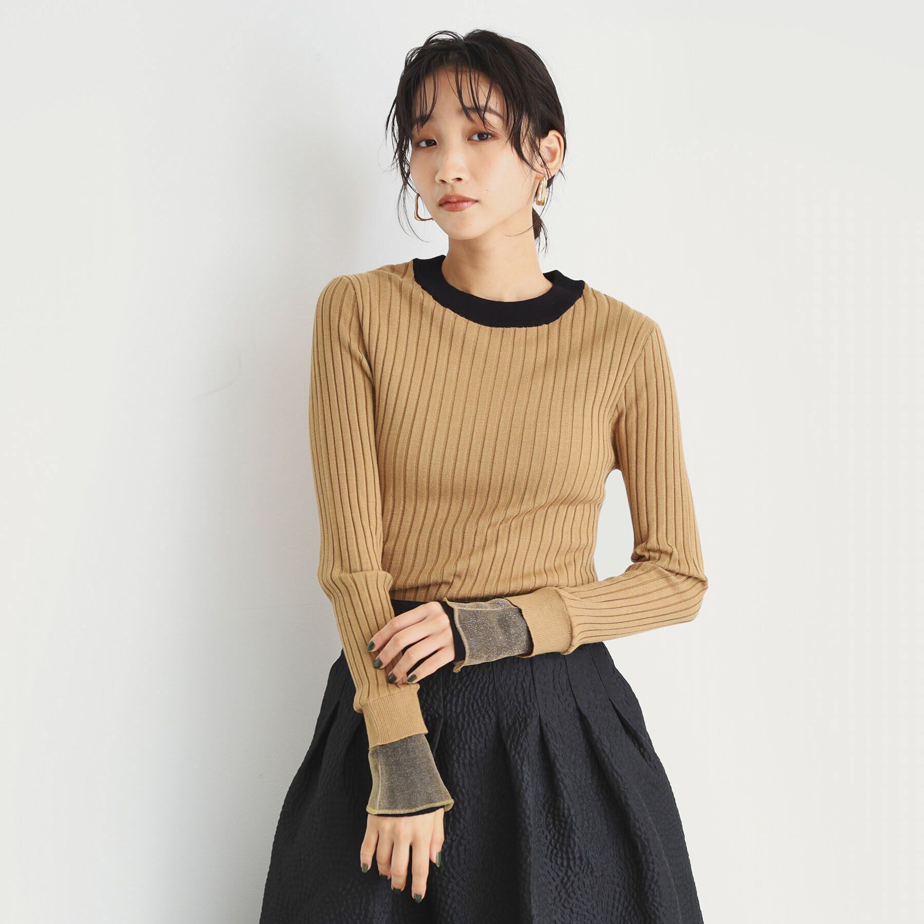 THE SHOP TK「袖シアー配色リブ【洗えるニット】」|ニット・セーター|キャメルブラウン(5
