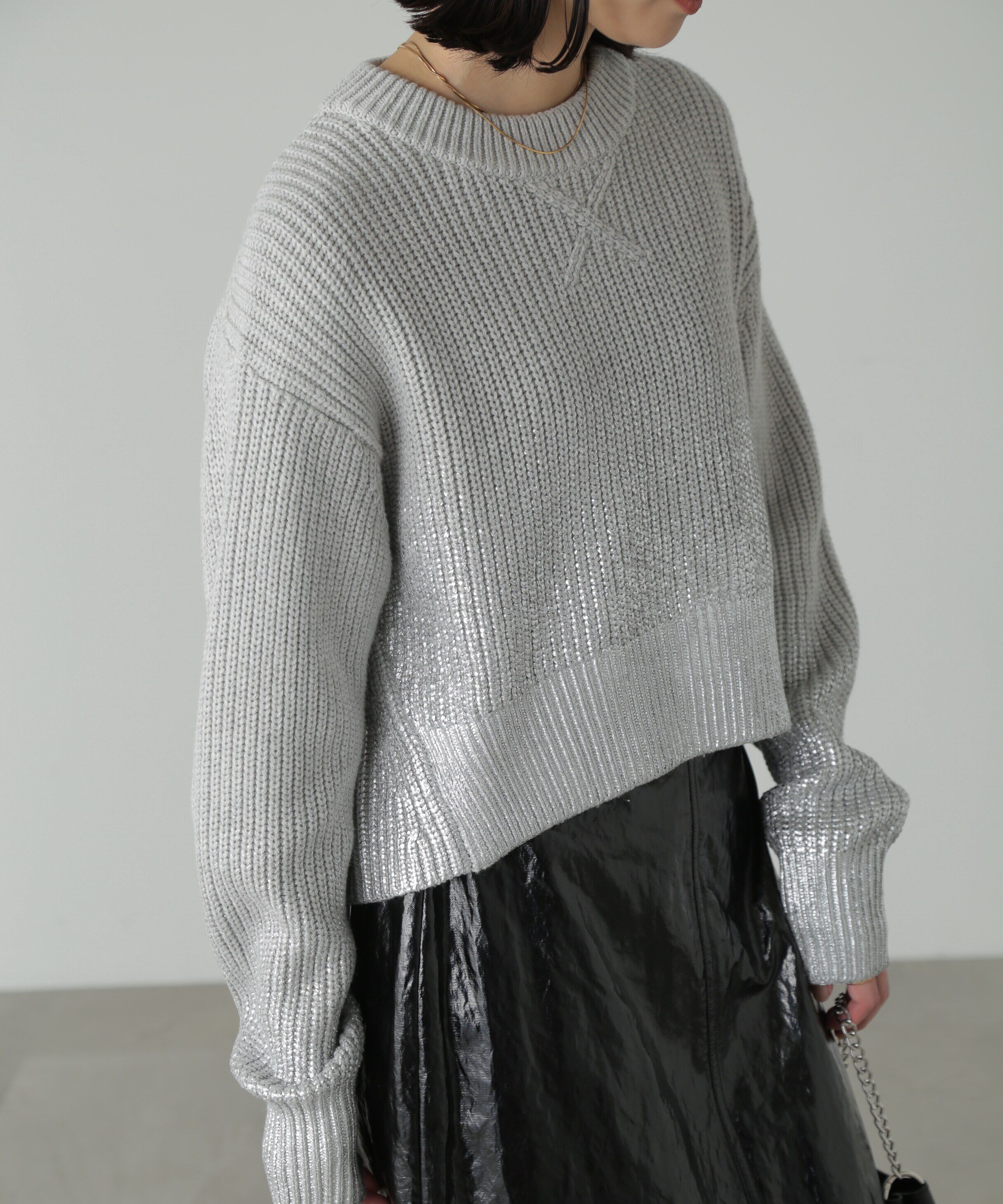  「箔プリント片畦編みニット」|ニット・セーター|グレー