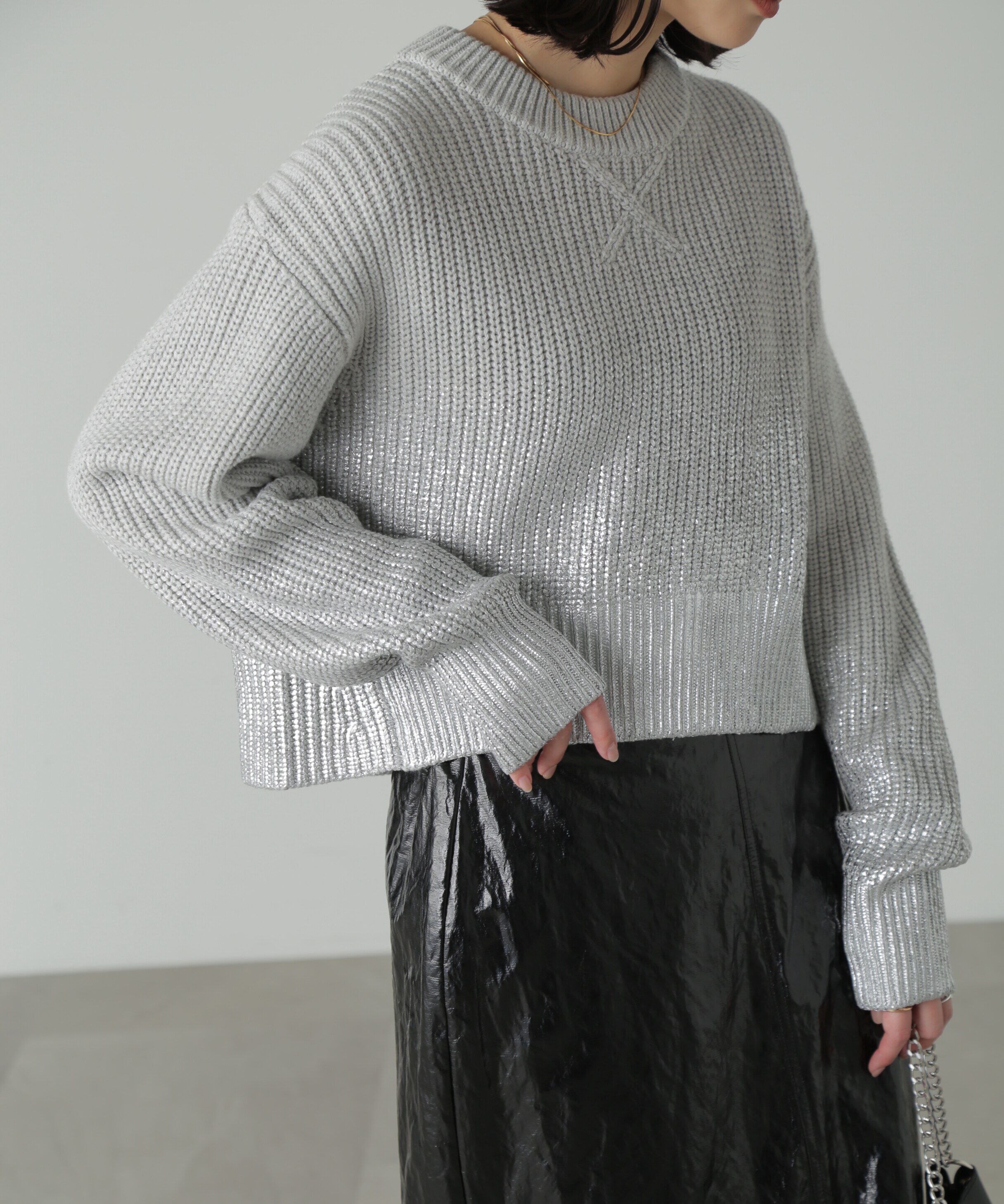  「箔プリント片畦編みニット」|ニット・セーター|