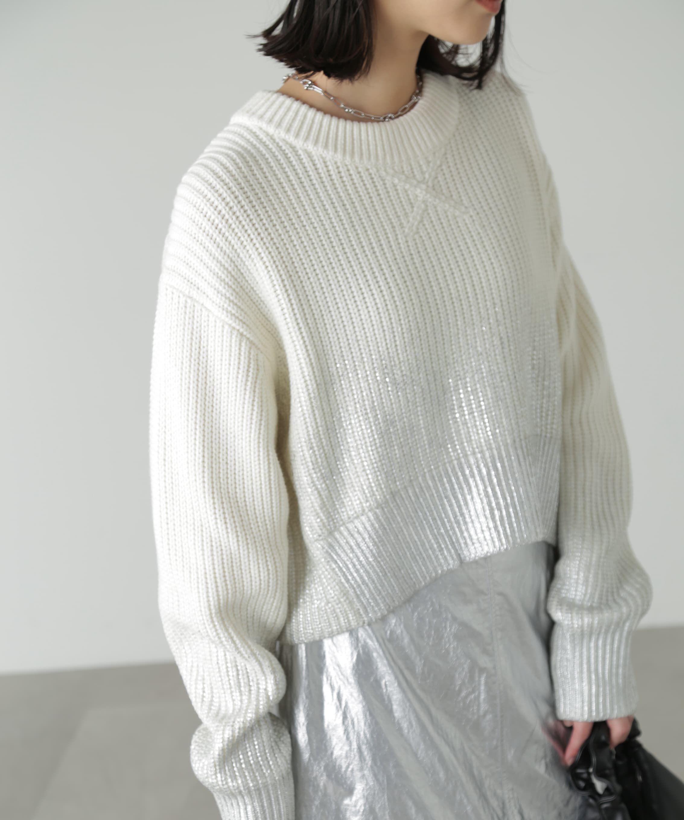  「箔プリント片畦編みニット」|ニット・セーター|オフ