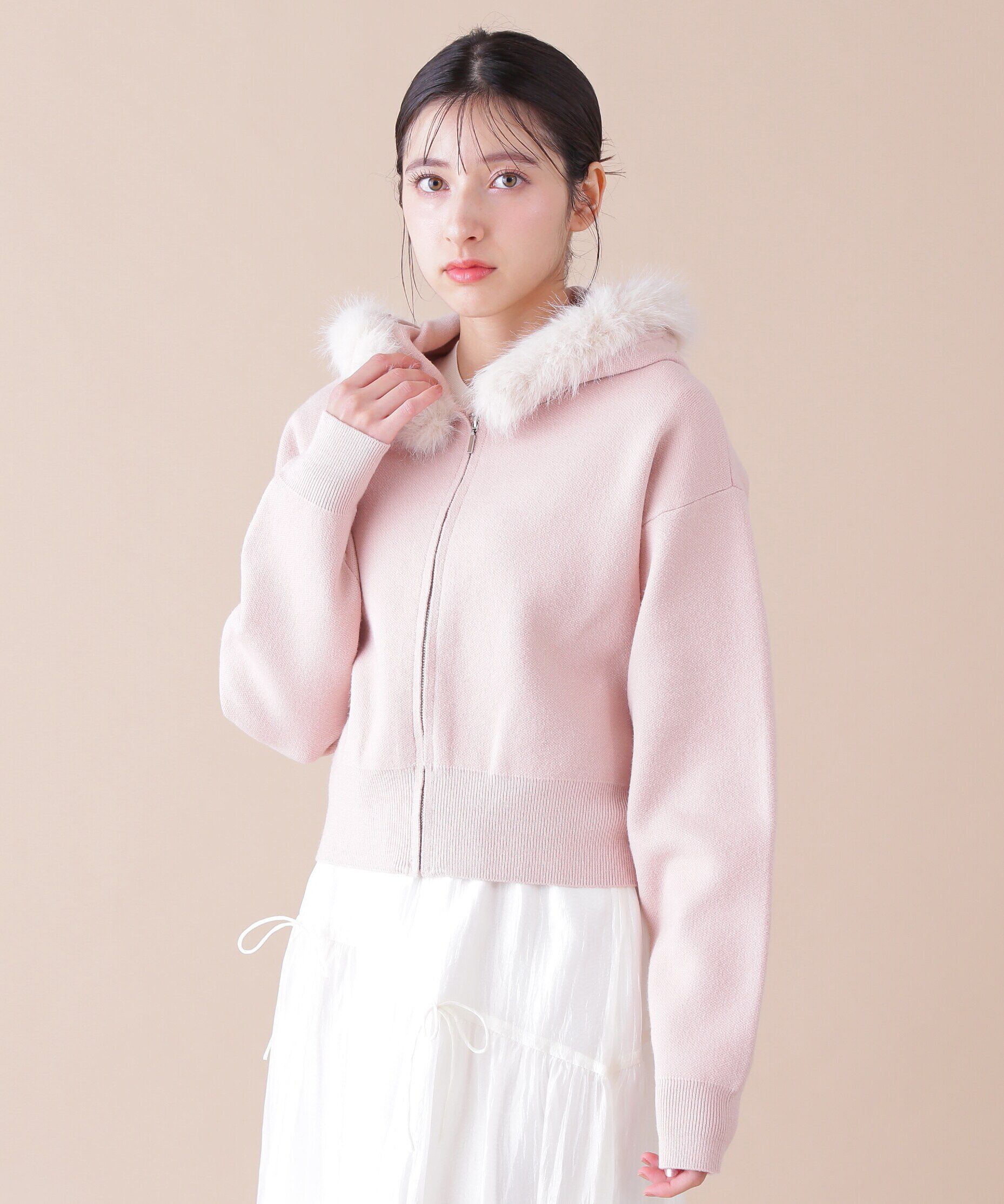  「ボリュームフェイクファーニットパーカー」|ニット・セーター|