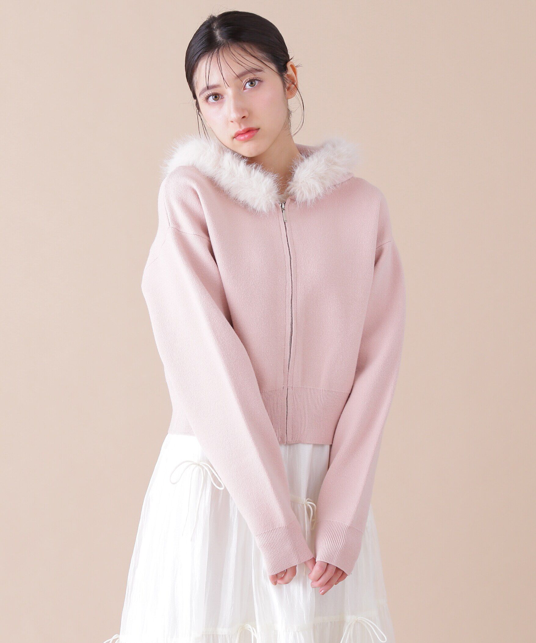  「ボリュームフェイクファーニットパーカー」|ニット・セーター|