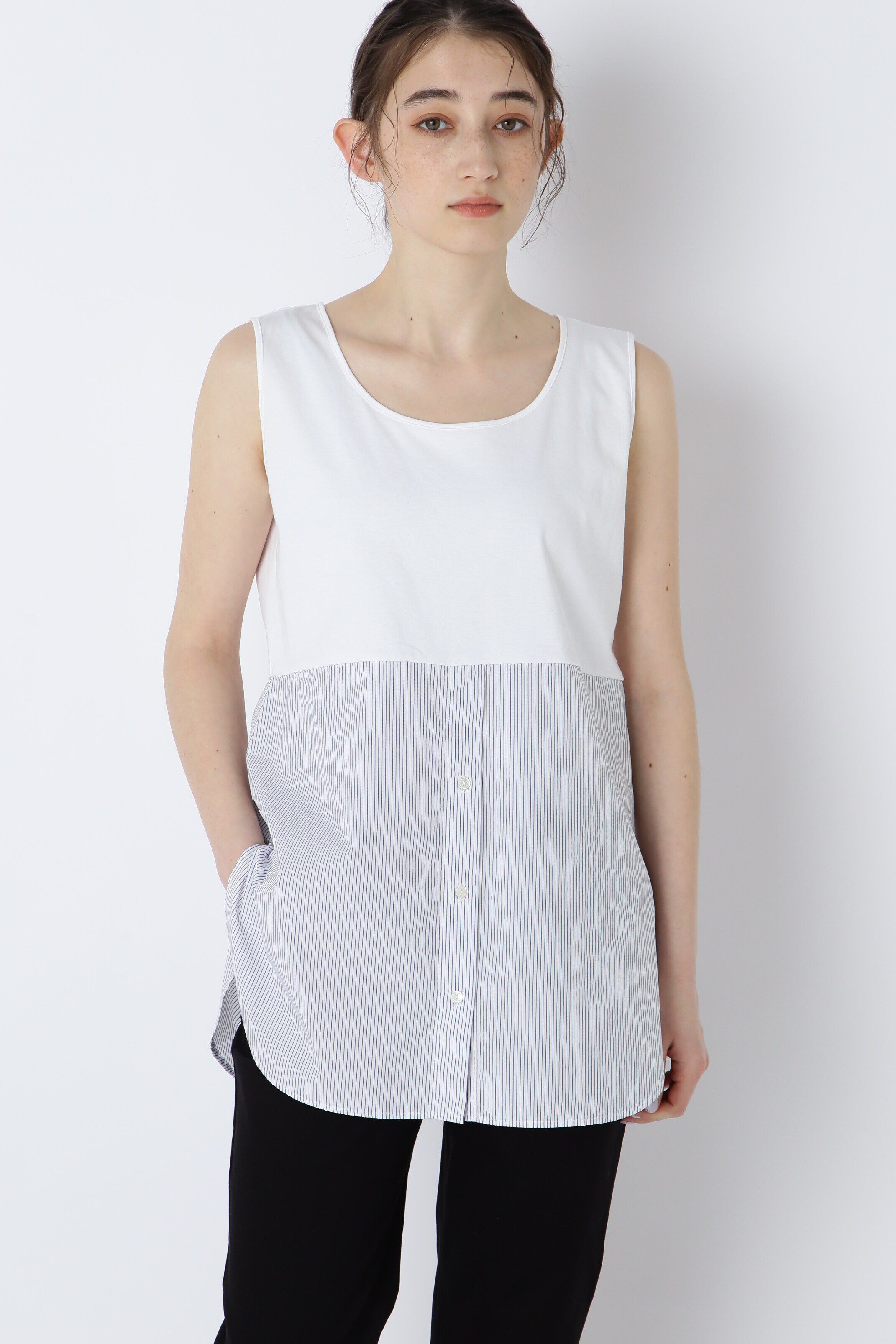  「布帛ドッキングノースリカットソー」|Tシャツ・カットソー|ホワイト&times;ネ  3